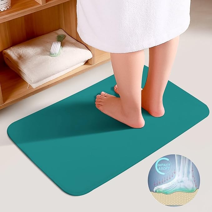 3 Pieces Bath Rug Sets, Teal Blue Trend Color Bathroom Mat Set Non Slip U Shaped Contour Rug & Toilet Lid Cover