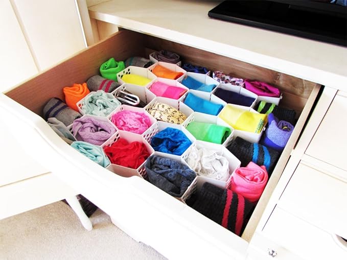 Evelots Honeycomb Drawer Organizer - Set of 2, 56 Slots, Easy Snap-Together Assembly, Adjustable & Durable Plastic Dividers, Perfect for Socks, Underwear, Ties, Accessories, and More - Customizable S