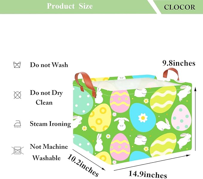 CLOCOR Rectangular Easter Basket Empty, Easter Gift Basket, Waterproof Storage Box with Handles,Room Decor(Green Easter Basket)