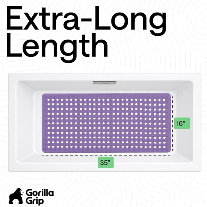 GORILLA GRIP Patented Bath Tub Shower Mat, Machine Washable Bathtub Floor Liner Mats, Suction Cups and Drain Holes to Keep Tubs Clean, Soft on Feet, Bathroom Essentials, 35x16 Inch, Purple Opaque