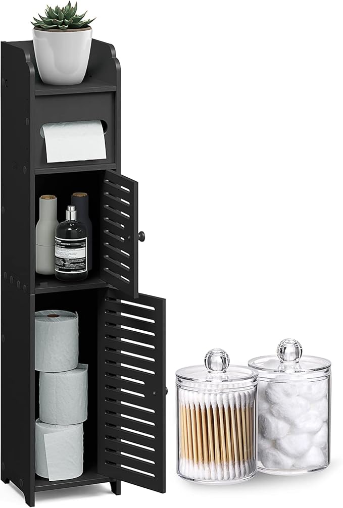 Hearth & Harbor Storage Cabinet With Doors for Toilet Paper, Floor Standing Bathroom Organizer With 2 Apothecary Decor Jars, Shelf Organizer, Black