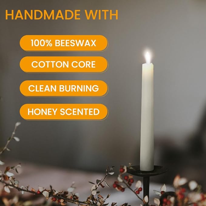 Handmade White Beeswax Taper Candles - 16-Pack Dripless & Smokeless, 9H Burn Time, Natural Home Decor Air-Purifying
