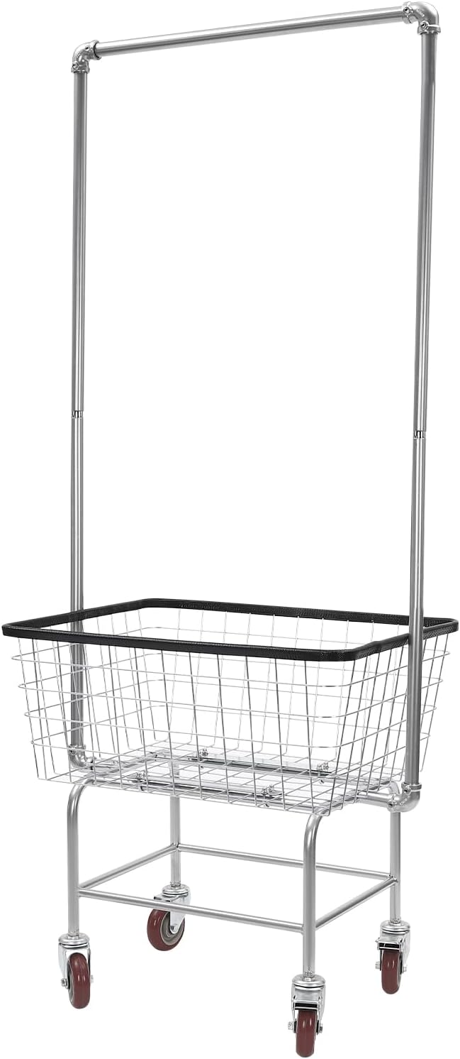 Laundry Cart,Steel Wire Laundry Cart,Laundry Basket With Wheels,Commercial Laundry Basket Cart Heavy Duty with Rod Rack 27x22x67in (A)