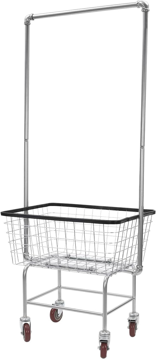 Laundry Cart,Steel Wire Laundry Cart,Laundry Basket With Wheels,Commercial Laundry Basket Cart Heavy Duty with Rod Rack 27x22x67in (A)