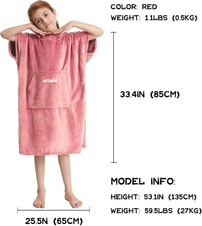 Hiturbo Kids Towel Changing Robe: Soft Plush Bath Towels - Warm Coral Fleece Hoodie - Swim Surf Poncho for 5-12 Years (Pink)