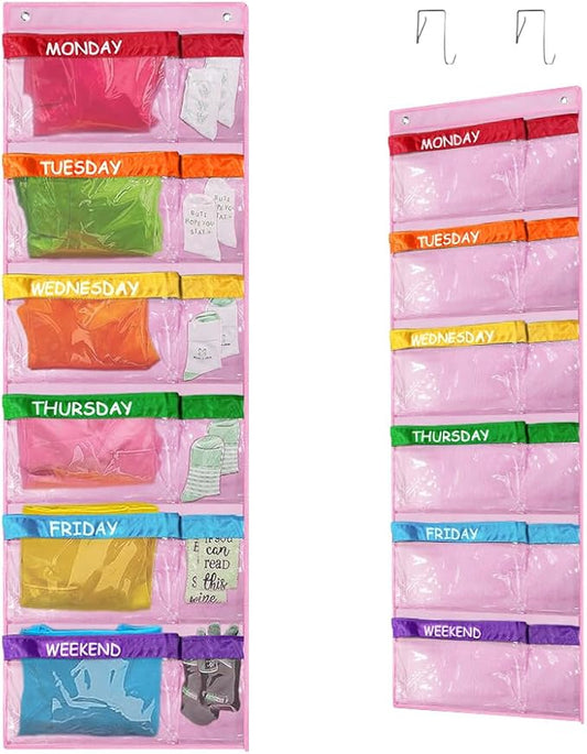 ABCKEY Rainbow Weekly Kids Clothes Organizer for Daily Activity,Portable Kids Clothes Storage White (Pink)