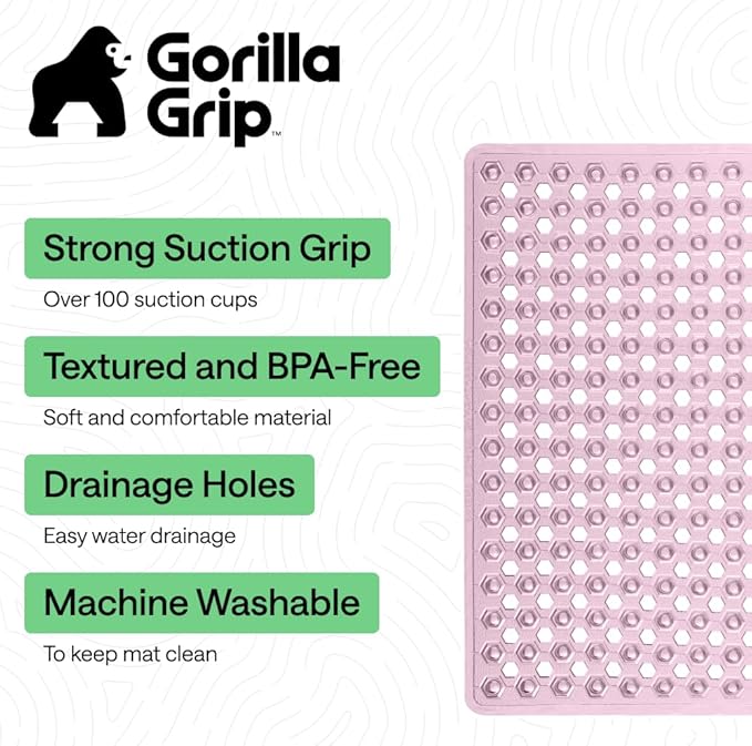 GORILLA GRIP Patented Square Shower Stall Mat, Small Bathtub Floor Mats for Stand Up Showers, Suction Cups and Drainage Holes, Machine Wash, Soft on Feet, Bathroom Accessories 21x21 Inch, Light Pink
