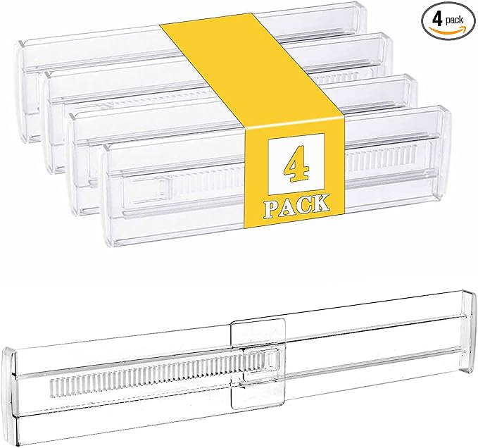 4 Pack Drawer Dividers for Clothes, 3.15" High 11.34"-19.69" Adjustable Expandable Dresser Drawer Organizer, Clear Plastic Separators for Dresser, Baby Clothing, Underwear, Cosmetic