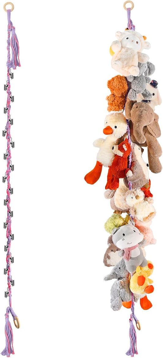 80" Cotton Hanging Storage Chain for Stuffed Animals Storage with 40 Metal Clips, Stuffed Animal Organizer Chain for Wall Corner Nursery Play Room, Rainbow