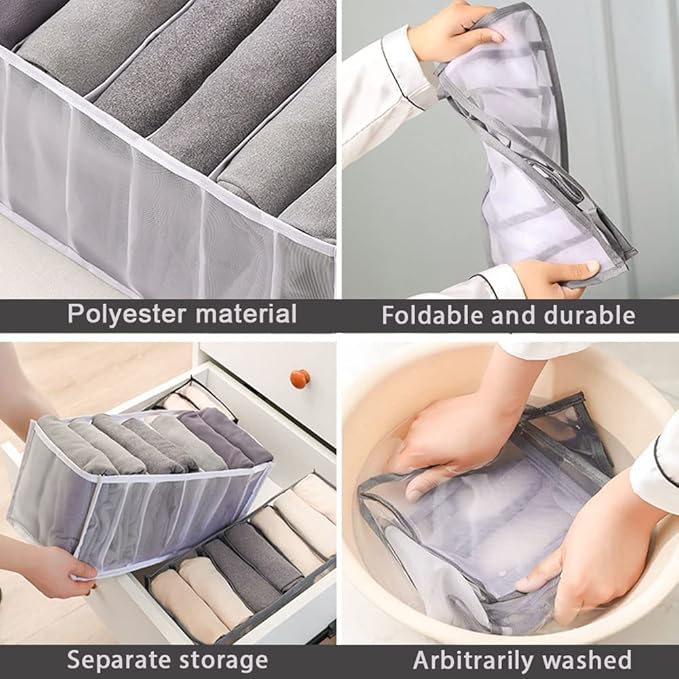 HSLFUAI Pack of 2 Wardrobe Clothes Organizer 7 grids Closet Organizers and Storage,Dresser Drawer Organizers for thin Pants,thin Jeans Organizer for Closet (Gray-7M-2PCS)