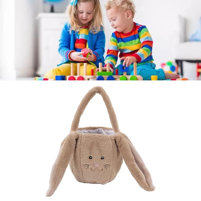 Plush Easter Bunny Basket, Children Easter Basket, Cute Cartoon Long Ears Bunny Egg Basket with Soft Plush Material, Perfect for Easter Egg Hunt and Festive Decorations (Coffee Color)