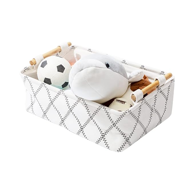 Decorative Collapsible Rectangular Fabric Storage Bin Organizer Basket with Wooden Handles for Clothes Storage,15.4x10.6x5.1 inch,White