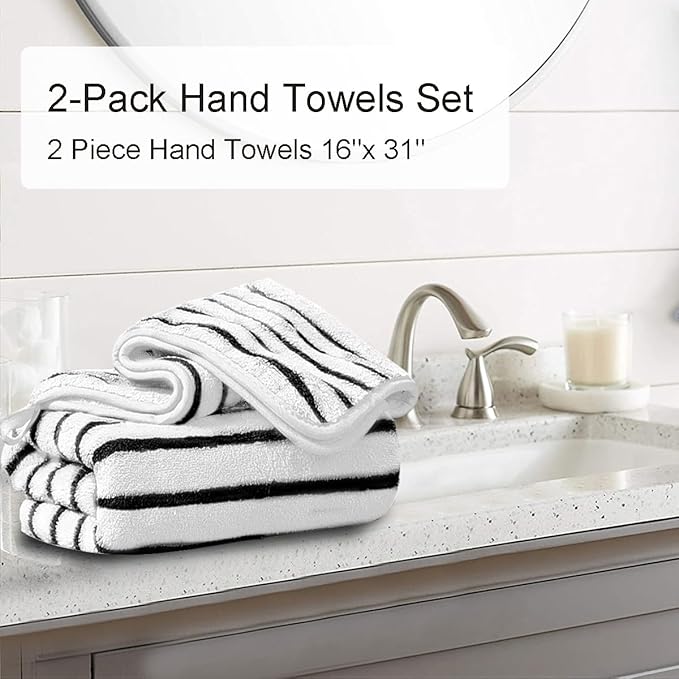 2 Piece Black White Cabana Stripe Hand Towels for Bathroom 16"x31" Ultra Soft Breathable Hand Face Towels Highly Absorbent 600GSM Towels Quick Dry Beach Chair Towel for Spa Gym Hotel Travel Camp