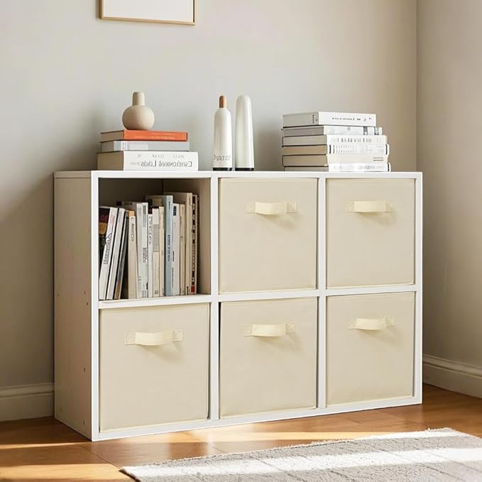 Easi 11 inch Cube Storage Bins, 8 Storage Cube Organizer, Collapsible Fabric storage cubes with Handles, Closet Storage Basket For Organization, Shelf Basket For Shelves Clothes Books, Beige