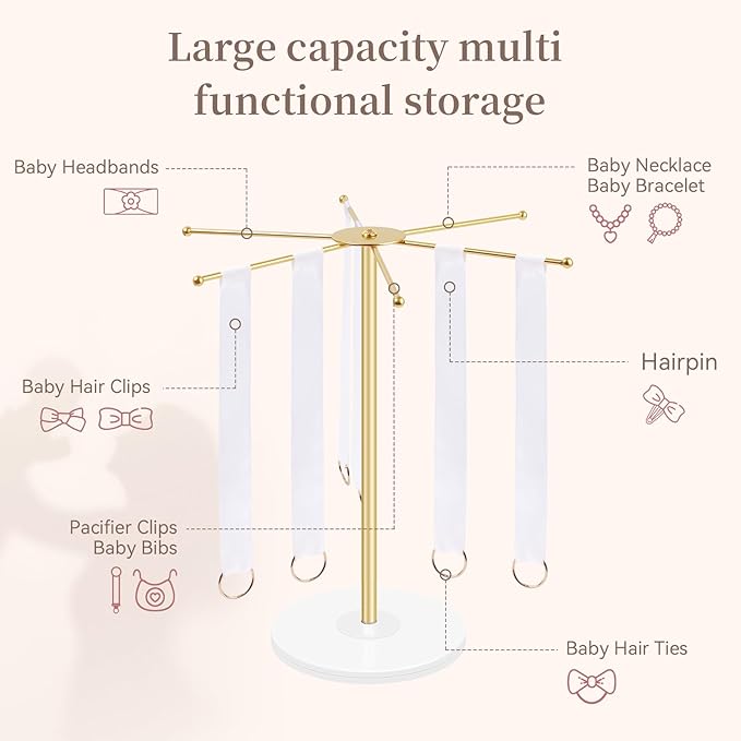 MOFASVIGI Headband Holder Bows Organizer for Girls, Metal Nylon Headbands Stand Hair Bows Storage Display, Hair Accessories Organizer for Baby Toddler Room Decor