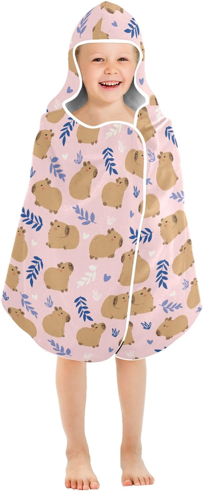 Pink Cute Capybara Hooded Beach Towel for Kids, Kids Bath Hooded Towels for Boys Girls, Super Soft Absorbent Bathrobe with Hood for Swin Pool 50"x23.5"