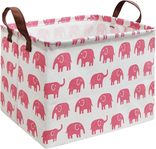 HIYAGON Rectangular Elephant Basket for Baby Kids Pink Basket Fabric Collapsible Storage Bin for Organizing Toys Nursery Clothing Books Gift (Pink Elephant)