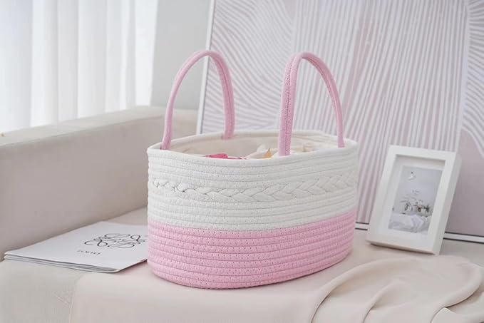 Cotton Rope Diaper Caddy Organizer, Nursery Storage Bin and Car Organizer for Diapers and Baby Wipes,Changing Table Baby Diaper Storage For Baby Shower & New Mums