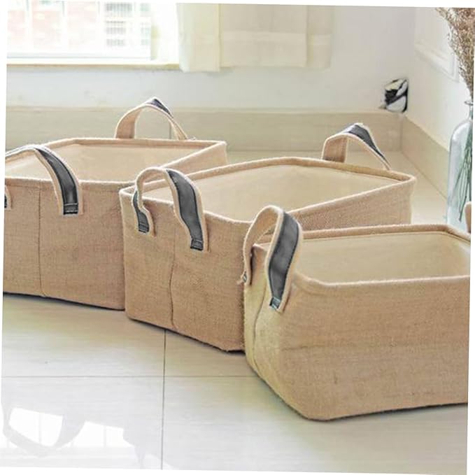 PRETYZOOM Jute Portable Storage Basket with Handles Large Sundries Organizer for Toys Books Household Supplies Versatile Desktop Container for Living Room Bedroom Office Dorm Decor