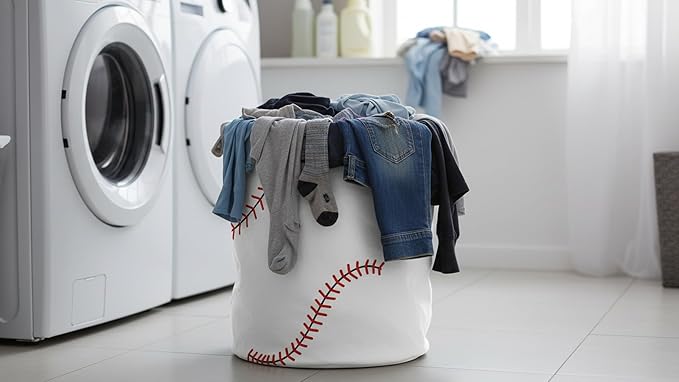 CLOCOR Round Collapsible Flat Storage Basket,Space-Saving Fabric Laundry Hamper for Clothes,Nursery Hamper,Gift Basket(Line Baseball)