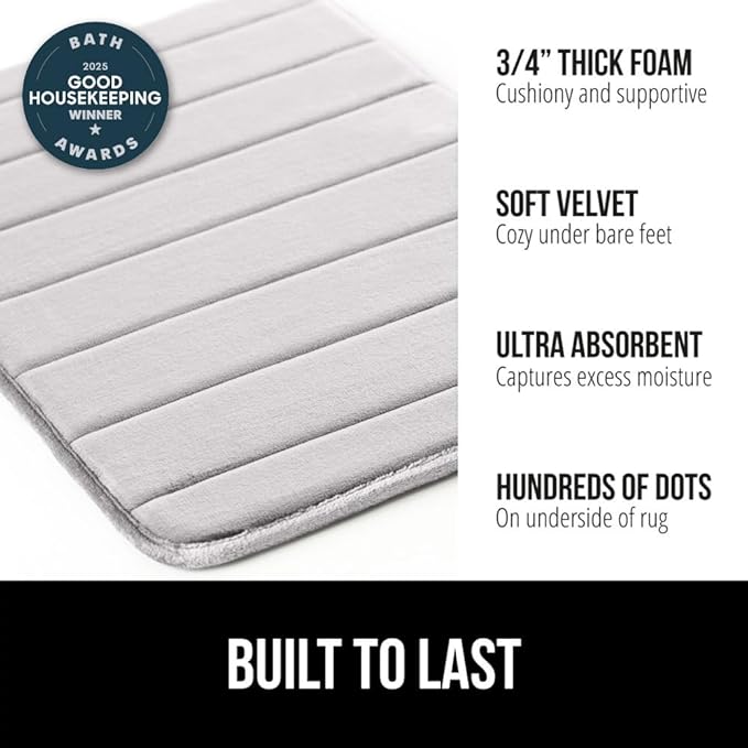 GORILLA GRIP Memory Foam Bath Mat, Soft Absorbent US Designed Bathroom Rug, Gripping Dots Machine Washable Bathmat, Cushioned Floor Mats, Shower Sink Rugs Room Décor Accessories, 42x24 Light Gray