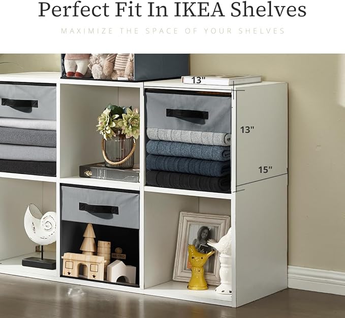 DECOMOMO Kallax Storage Cubes, 13x13x15 Storage Cube Bins with Window, Baskets for Organizing Shelves (Kallax / 4pcs, Grey)