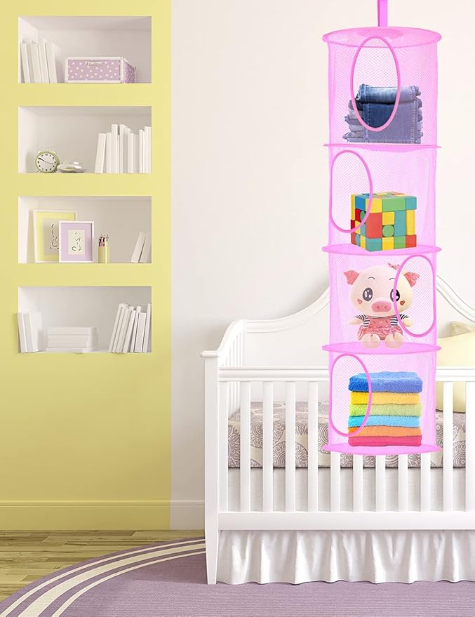 coastal rose 2Pcs Stuffed Animal Storage Foldable Stuffed Animal Net or Hammock Organizer, 4 Compartments Hanging Mesh Toy Storage Hammock for Kid Room Toys, Gloves, Hats, Socks（Pink）
