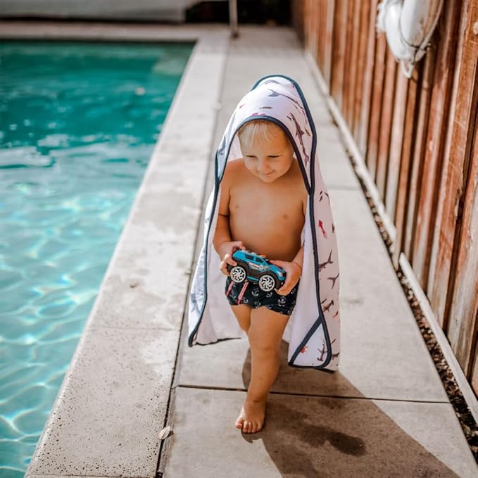 Little Unicorn Hooded Bath Towel | Absorbent Cotton & Terry Blend | Larger Size for Baby & Toddlers, 1-6 Years (Shark)
