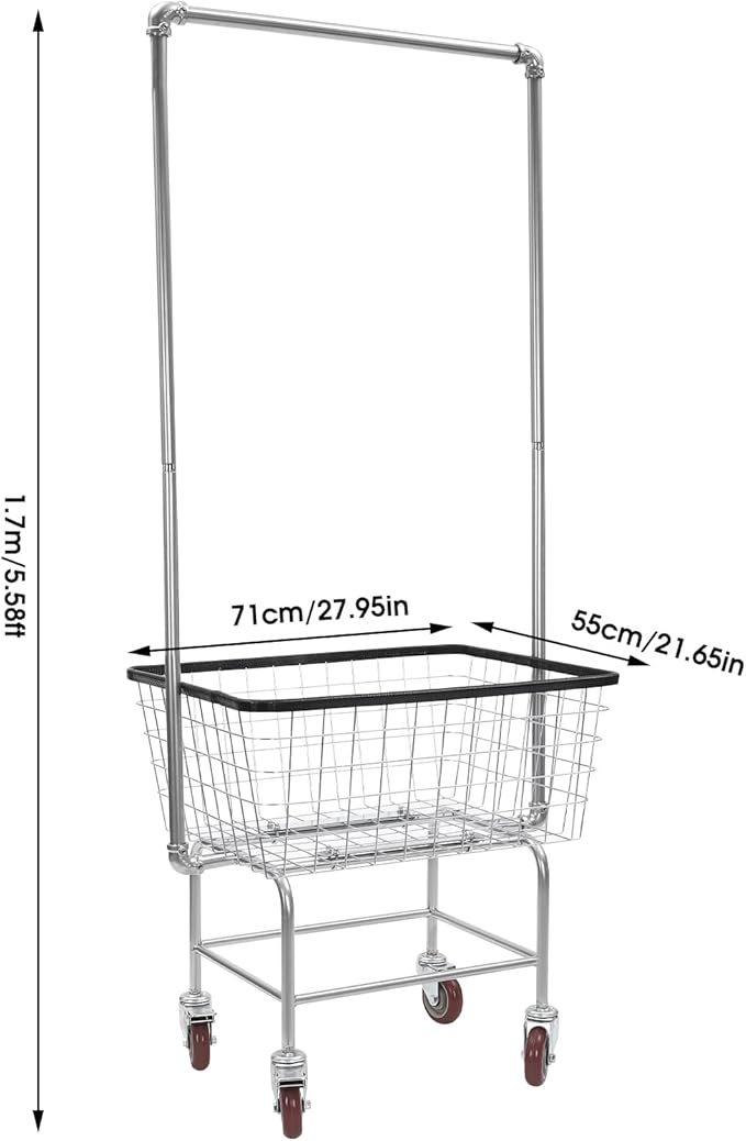 Laundry Cart,Steel Wire Laundry Cart,Laundry Basket With Wheels,Commercial Laundry Basket Cart Heavy Duty with Rod Rack 27x22x67in (A)