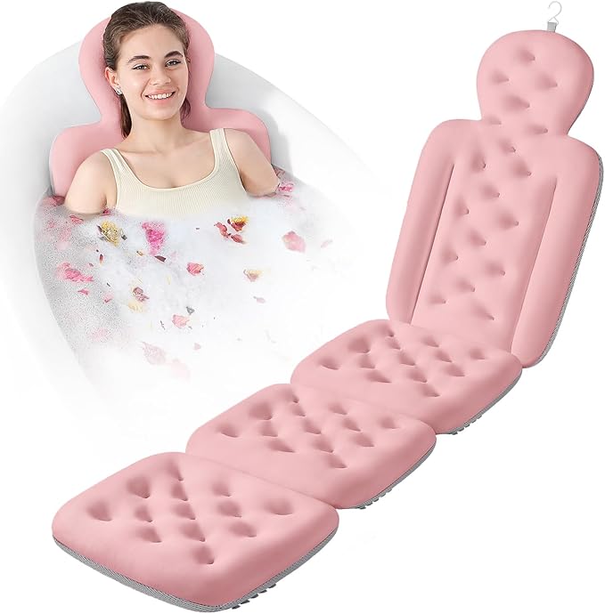 Luxury Bath Cushion, Full Body Bathtub Pillow with 160 Suction Cups, Bath Mat for Head and Neck Support, with Laundry Bag (Light Pink, 60" x 16")