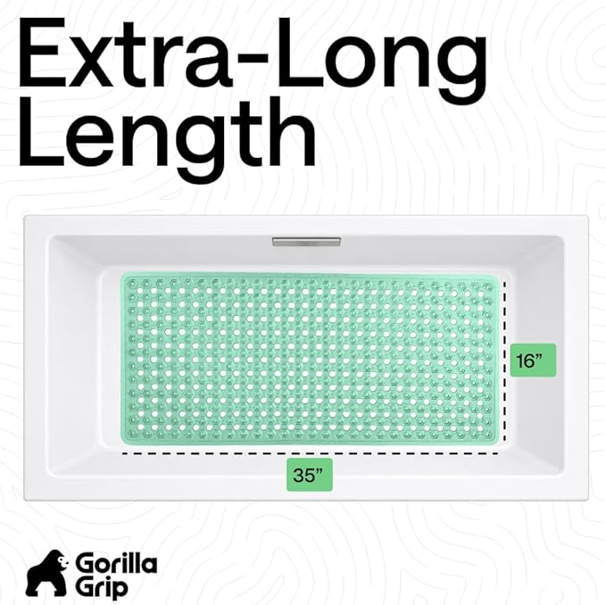 GORILLA GRIP Patented Bath Tub Shower Mat, Machine Washable Bathtub Floor Liner Mats, Suction Cups and Drain Holes to Keep Tubs Clean, Soft on Feet, Bathroom Essentials, 35x16 Inch, Clear Green