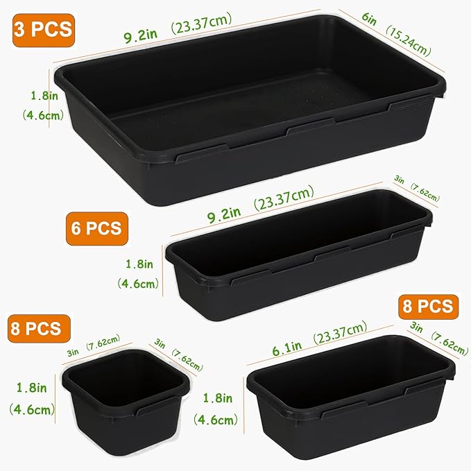 25 PCS Black Drawer Organizer Set, 4 Size Interlocking Plastic Storage Bins for Office Supplies, Jewelry Makeup Vanity, Bathroom Kitchen, Home Organization Closet, Gadgets Small Items