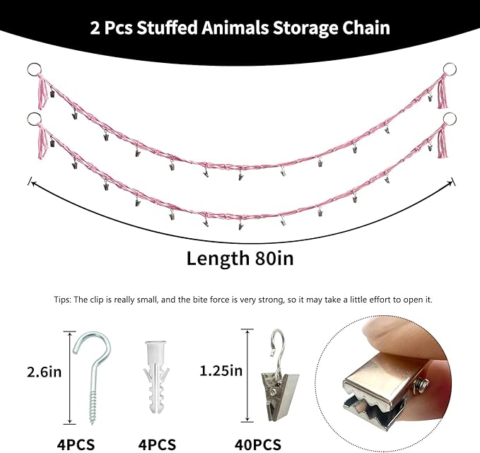 2 Pcs 80” Cotton Hanging Storage Chains for Stuffed Animal Storage, Each Boho Display Chain Comes with 20 Metal Clips, Nursery Hanging Storage Organizer for Wall or Corner Nursery playroom