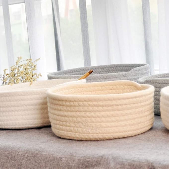 Cotton Rope Handmade Woven Home Storage Household Candy Toys Storage Basket Sundries Collection Box Candy Snack Food Tray SML Pack of 3 (Round, Beige)