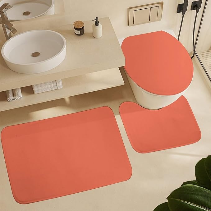 3 Pieces Bath Rug Sets, Retro Watermelon Trend Color Bathroom Mat Set Non Slip U Shaped Contour Rug & Toilet Lid Cover