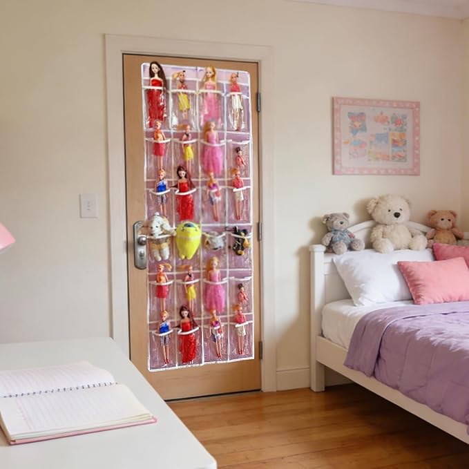 Hanging Over Door Girl's toy Storage Organizer with 24 Clear View Pockets, Compatible with Lol Omg Dolls Barbie Dolls Surprise Doll clothes girl bow hair accessories organizer
