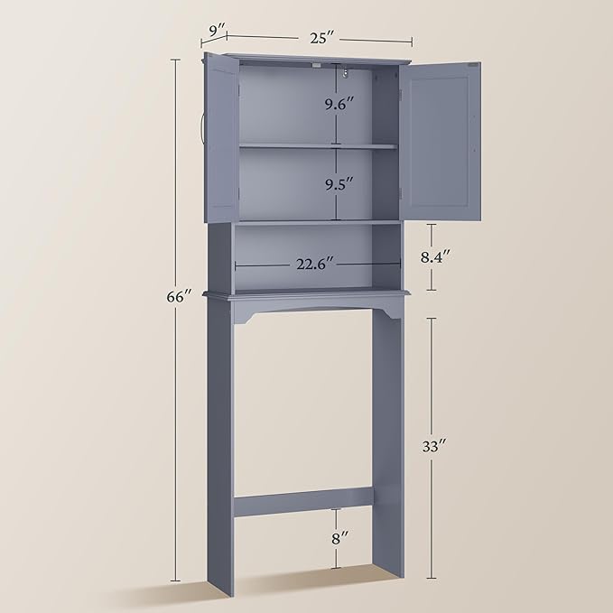 Topeakmart Over The Toilet Storage, Bathroom Storage Organizer with 2 Doors and Adjustable Shelf, L24.5xW9xH66 Inches, Gray