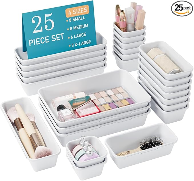 25 PCS White Drawer Organizer Set, 4 Size Interlocking Plastic Storage Bins for Office Supplies, Jewelry Makeup Vanity, Bathroom Kitchen, Home Organization Closet, Gadgets Small Items