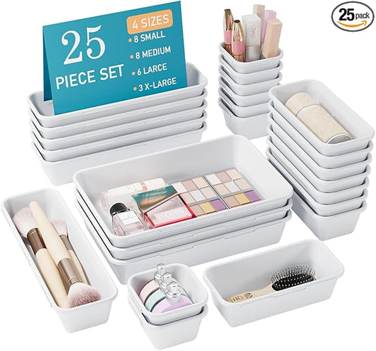 25 PCS White Drawer Organizer Set, 4 Size Interlocking Plastic Storage Bins for Office Supplies, Jewelry Makeup Vanity, Bathroom Kitchen, Home Organization Closet, Gadgets Small Items