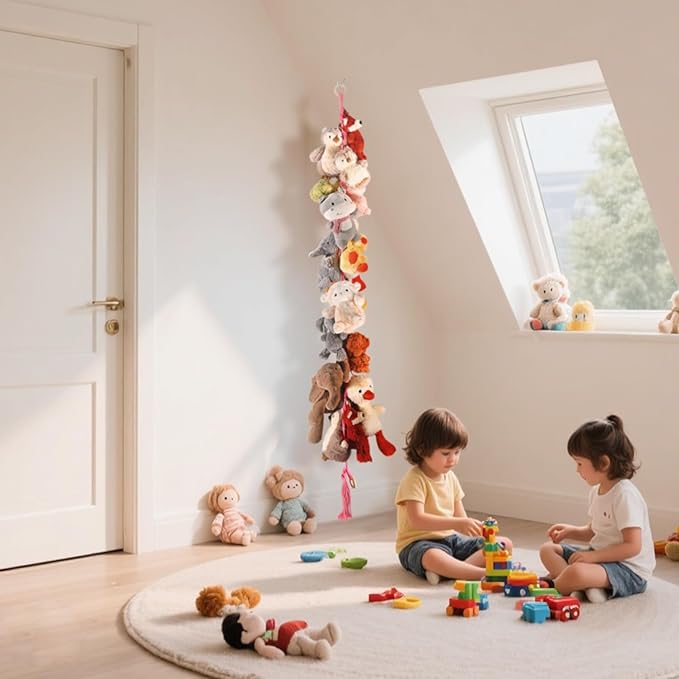 1/2 pcs 80" Cotton Hanging Storage Chain for Stuffed Animals Storage with 20 Metal Clips, Stuffed Animal Organizer Chain for Wall Corner Nursery Play Room, Pink
