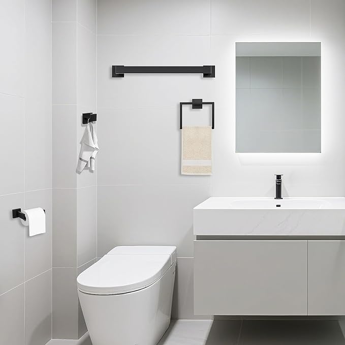 5 Piece Bathroom Towel Bar Set - SUS304 Stainless Steel Bath Towel Holder, 23.6 Inch Towel Racks for Bathroom Wall Mounted, Bathroom Hardware Accessories Set - Matte Black