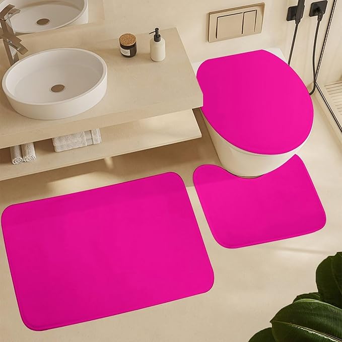 3 Pieces Bath Rug Sets, Neon Pink Modern Bathroom Mat Set Non Slip U Shaped Contour Rug & Toilet Lid Cover