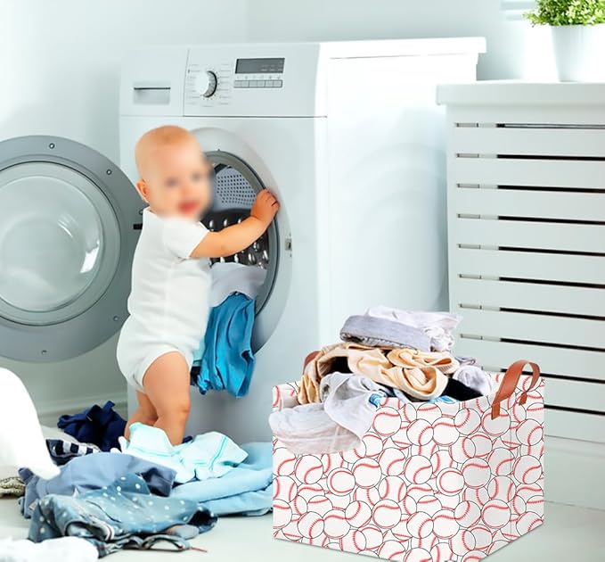CLOCOR Rectangular Storage Basket Empty,Gift Basket,Waterproof Storage Bin with Handles,Room Decor(Stacked Baseball)