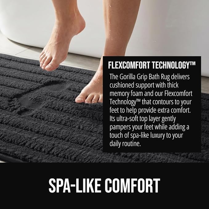 GORILLA GRIP Textured Backing Bathroom Rugs, Soft Memory Foam Absorbent Striped Bath Mats Set of 2, Machine Washable Fade Resistant, Floor Bathmat, Home Decor Shower Essentials, Black 24x16 and 30x18