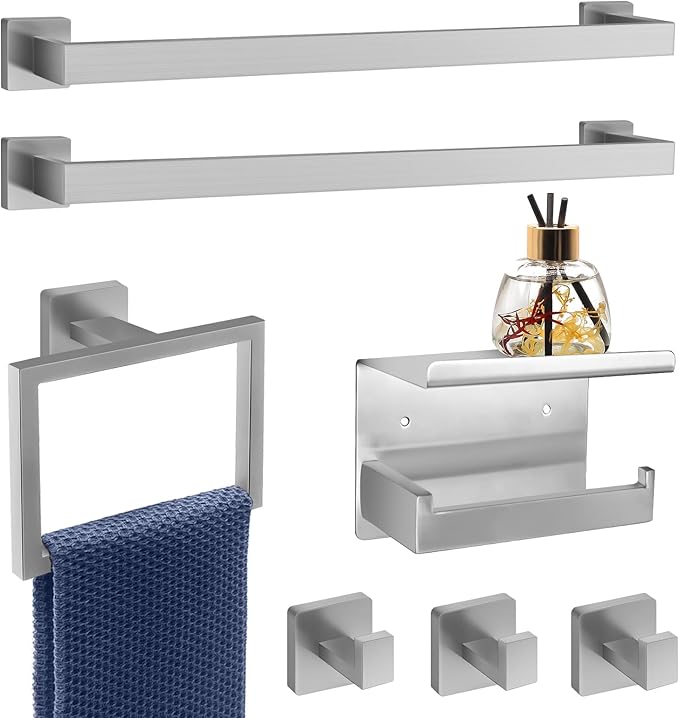 7-Piece Bathroom Hardware Set Brushed Nickel Towel Bar Set with Towel Rack, 2 Square 23-Inch Towel Bars and Stainless Steel Bathroom Accessories Wall Mounted