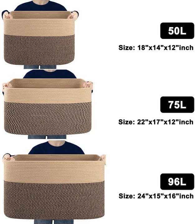75L Large Blanket Basket, Toy Basket Bin for Kids, Cotton Rope Woven Storage Basket for Living Room, Bedroom, Nursery, Baby Room Decorative Organizer, 22''×17''×12'', Brown & Black