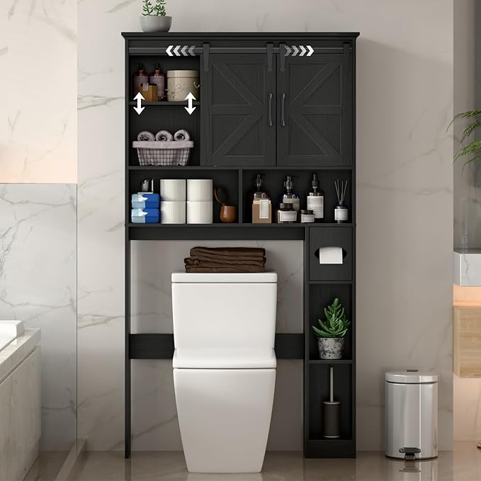 Over The Toilet Storage Cabinet,Farmhouse Space-Saving Toilet Rack with 2 Sliding Barn Doors,Bathroom Organizer with Toilet Paper Holder Stand & Storage Shelves,for Laundry, Bathroom,Restroom