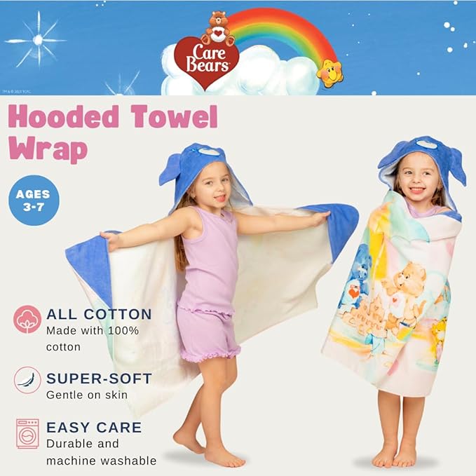 Care Bears Retro Kids Super Soft Bath/Pool/Beach Soft Cotton Terry Hooded Towel Wrap, 24 in x 50 in, (Officially Licensed Product) By Franco