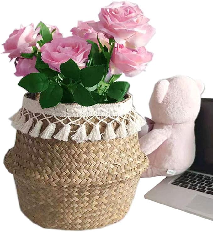 Algae Basket Basket Basket Woven Straw Folding Algae Belly Basket Plant Pot Nursery Cosmetic Bag Hand Made Basket for Storage, Laundry Medium XL