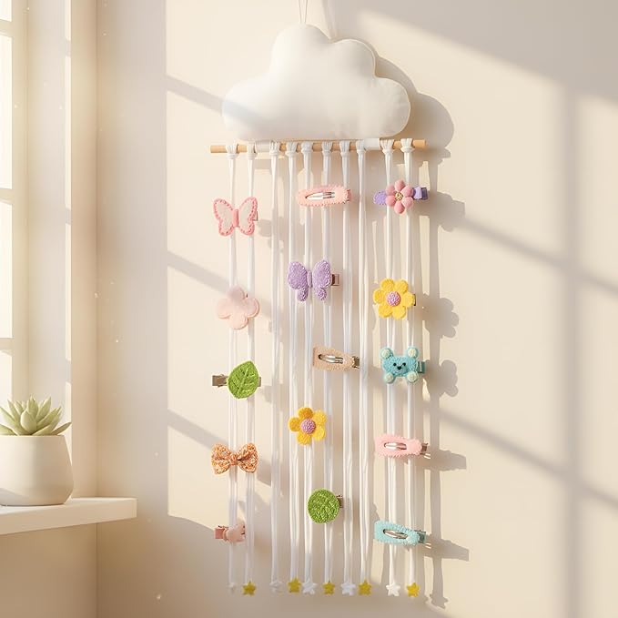 Long Bow Holder for Girls Baby White Clouds Hair Bows Clip Organizer 31.5 Inch Baby Hair Accessories Storage Display Hanging Decor for Girls Nursery Room Bedroom Living Room